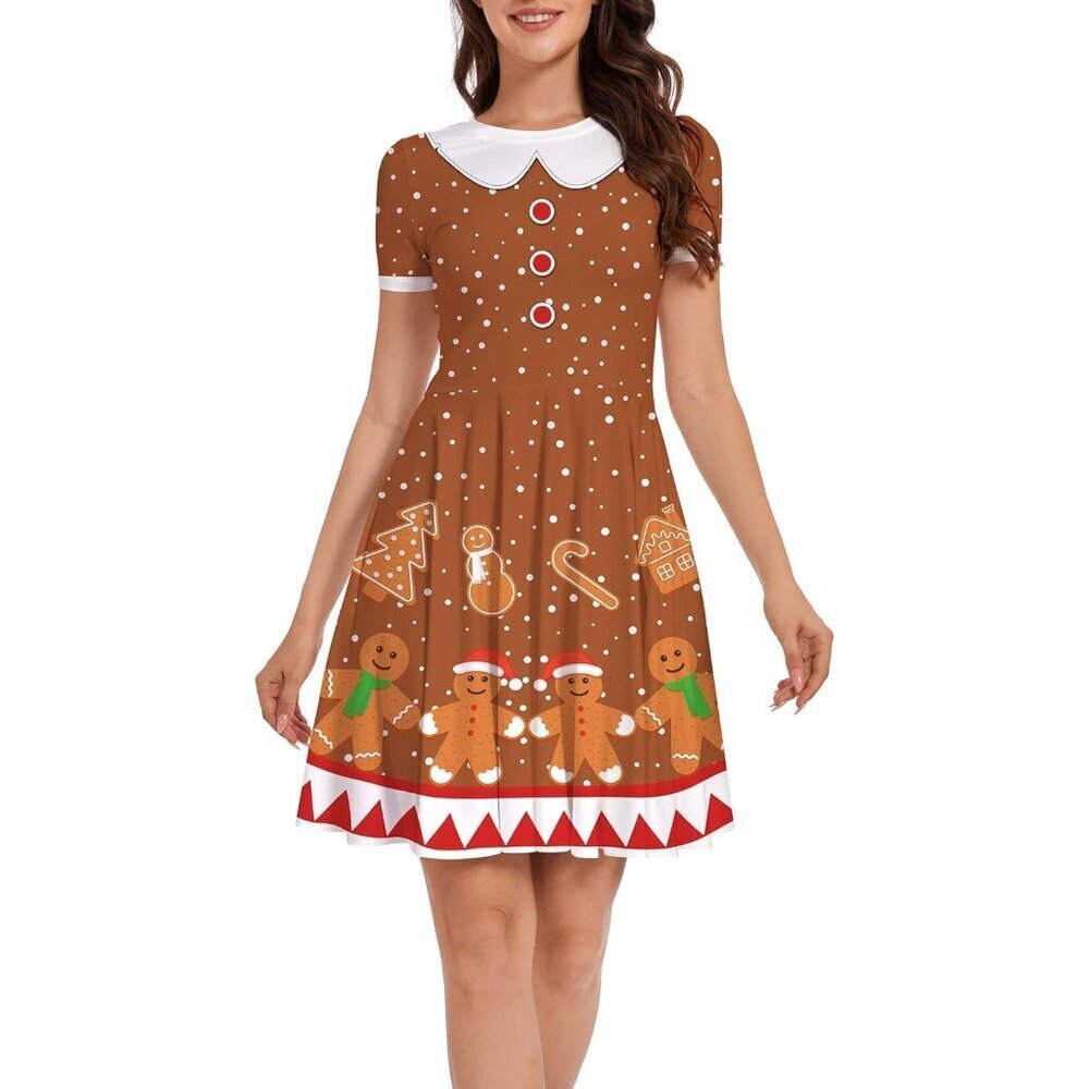 Women Ugly Christmas Santa Dress Cute Gingerbread Holiday Print Dress for Xmas - Picture 4 of 5